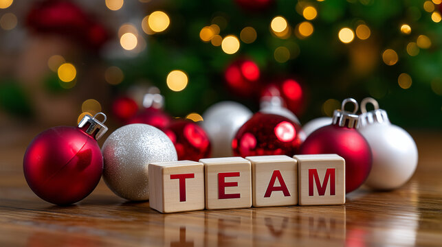 Wooden blocks spelling TEAM surrounded by Christmas ornaments, defocused lights background, winter cooperation concept, holiday letter arrangement, seasonal teamwork display, with 