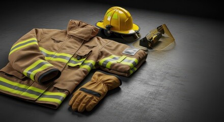 Firefighting uniform including helmet and gloves on dark background  