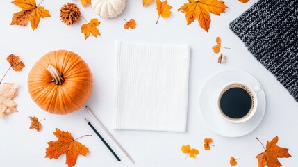 A flat lay composition featuring a pumpkin, a cup of coffee, a scarf, a notebook, and scattered autumn leaves on a white surface. Overhead view.