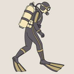 Full body illustration of a diver in a grey and gold wetsuit with a yellow oxygen tank and flippers scuba diver