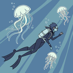 Female diver swimming with jellyfish and sunbeams Keywords: female diver, scuba diving, underwater, ocean, sea, jellyfish, marine life, bubbles, sunbeams, light rays, aquatic, nature, recreation