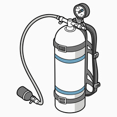 Isometric illustration of a scuba diving oxygen tank with pressure gauge and hose Keywords: scuba diving, oxygen tank, air cylinder, pressure gauge, regulator, hose, breathing apparatus