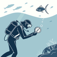 Scuba diver checking depth gauge near a fish underwater ocean diving