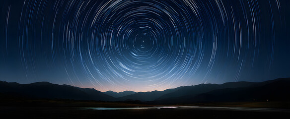 Fototapeta premium The vibrant circular star trails swirl above the vast dark horizon.
