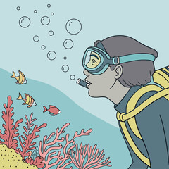 Scuba diver exhaling bubbles near coral reef and fish diving underwater