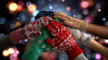 Faceless hands stacked with Christmas gloves, defocused ornaments background, winter unity gesture, holiday teamwork symbol, seasonal corporate solidarity, festive collaboration mo