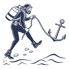 Scuba diver in full gear holding a chain attached to an anchor on the seabed underwater ocean