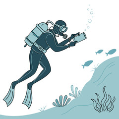 Scuba Diver Holding a Tablet Underwater While Observing Marine Life and Bubbles Keywords: scuba diver, diving, underwater, ocean, sea, tablet, technology, observation, marine life, fish, coral