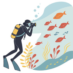 Scuba Diver Photographing a School of Orange and Blue Fish Underwater with Coral and Aquatic Plants Keywords: scuba diver, diving, underwater, ocean, sea, photography, camera, fish, school of fish