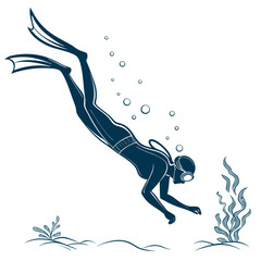 Scuba Diver Silhouette Exploring Underwater with Seaweed Keywords: scuba diver, silhouette, underwater, exploring, seaweed, marine life, ocean, sea, diving, swimming, bubbles, fins, mask, goggles