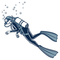 Scuba Diver Swimming Underwater with Bubbles Keywords: scuba diving, diver, underwater, swimming, bubbles, diving equipment, mask, snorkel, wetsuit, fins, oxygen tank, recreation, sport, activity