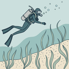 Scuba diver swimming underwater with seaweed and sandy seabed Keywords: scuba diving, diver, underwater, ocean, sea, swimming, diving equipment, mask, snorkel, fins, wetsuit, air tank, bubbles