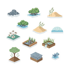 Environmental Conservation and Ecosystem Elements Isometric Icon Set.