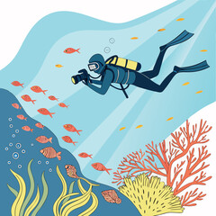 Scuba diver with camera photographing fish and coral reef underwater ocean