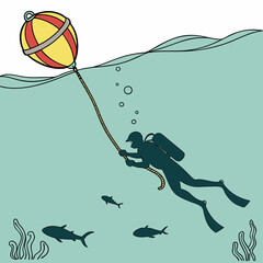 Silhouette of a diver holding a rope attached to a yellow and red buoy underwater with fish and seaweed