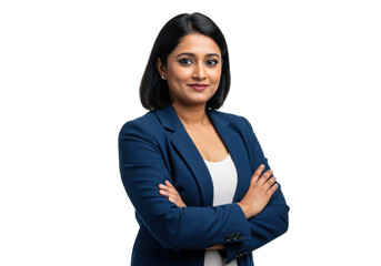 Confident woman in business suit arms crossed isolated on transparent background
