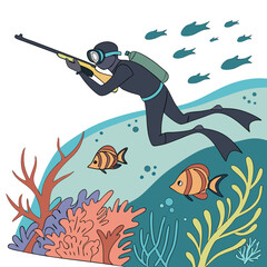 Spearfishing diver with a speargun swimming near colorful coral and fish Keywords: spearfishing, diver, speargun, underwater, ocean, sea, coral, reef, fish, swimming, aquatic, marine life