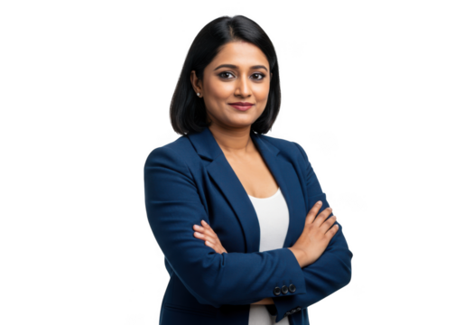 Confident woman in business suit arms crossed isolated on transparent background