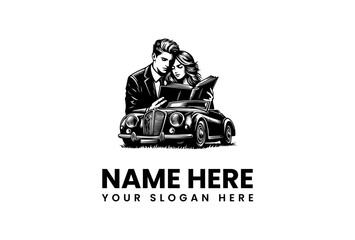 Retro Couple Reading A Book In A Vintage Car vector logo illustration