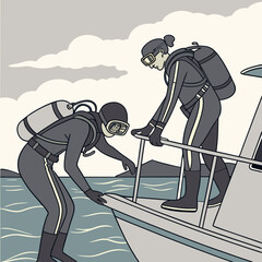 Two divers in wetsuits preparing to enter the water from a boat diving scuba diving