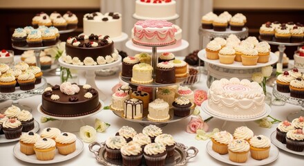 Extravagant dessert display featuring an array of decadent cakes and cupcakes on pedestals
