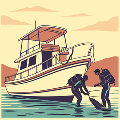 Two Divers Preparing Equipment Next to a Boat on the Water ocean