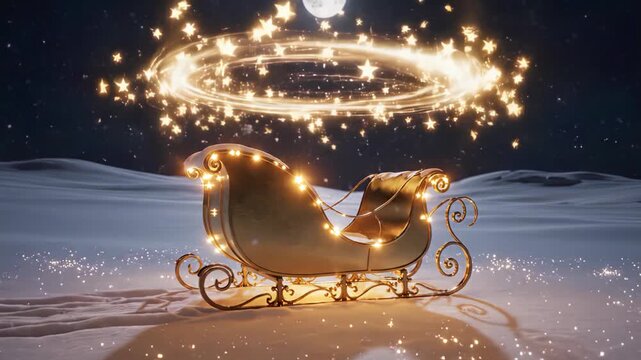Magical Christmas Sleigh with Twinkling Lights Under a Full Moon in a Snowy Landscape.