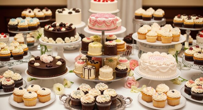 Extravagant dessert display featuring an array of decadent cakes and cupcakes on pedestals