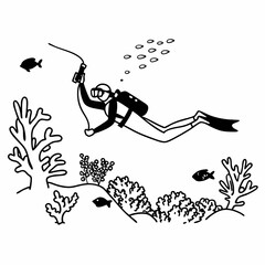 Black and white cartoon diver exploring coral reef with fish Keywords: diver, scuba diving, underwater, ocean, sea, coral, reef, fish, marine life, exploration, adventure, hobby, illustration