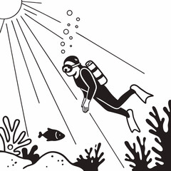 Black and white diver swimming towards sun rays underwater with fish and coral sunlight
