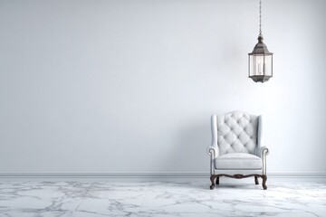 Ornate upholstered armchair sits beneath a hanging metal lantern in a minimalist room with marble flooring