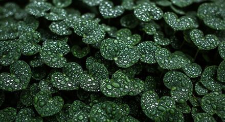 Heart-shaped leaves with water droplets, green nature backdrop