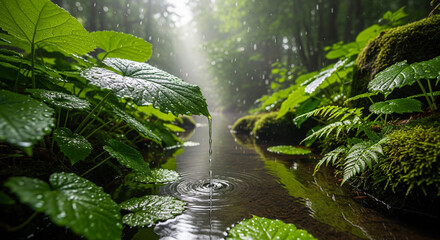 Lush Forest Stream with Rain and Green Foliage Nature Scene