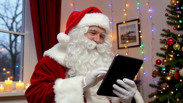 Santa Claus Checking Naughty and Nice List on Tablet During Christmas Eve.
