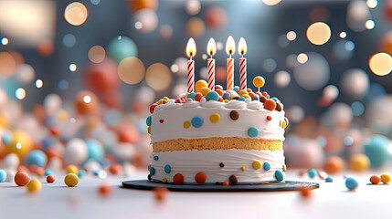 A festive birthday cake with four lit candles and colorful sprinkles, set against a background of bokeh lights and scattered confetti. Indoors, celebratory mood