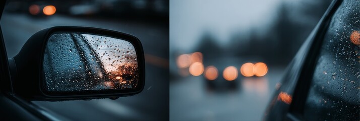 Rainy Evening Drive With Blurred Lights and Reflections in Side Mirror