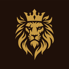 classic vintage scary gold lion with crown logo isolated drawing bold line art style design illustration