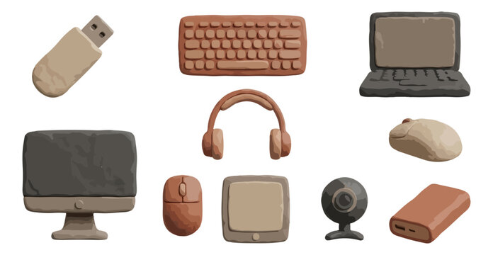 Clay computer devices isolated on black background