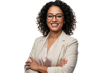Confident businesswoman with glasses smiling and arms crossed professional portrait transparent background