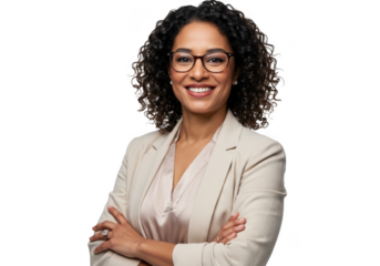 Confident businesswoman with glasses smiling and arms crossed professional portrait transparent background