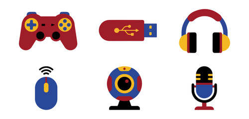 Colorful technology icons headphones mouse usb microphone controller
