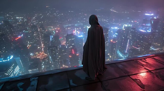 Hooded figure rising to stand on rooftop overlooking futuristic cyberpunk city at night with neon lights