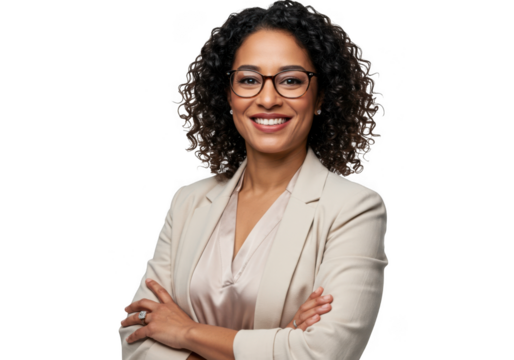 Confident businesswoman with glasses smiling and arms crossed professional portrait transparent background
