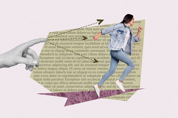 Contemporary image art collage of happy girl guy stand text piece arrow networking pointer message communication speech chat