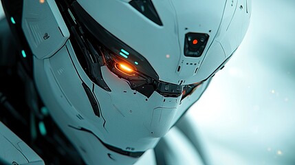 A detailed, close-up view of a futuristic white robot's head. Its eyes glow with an intense orange light, and subtle teal lights are visible on its intricate me