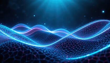 Abstract glowing blue and purple wave pattern with particles