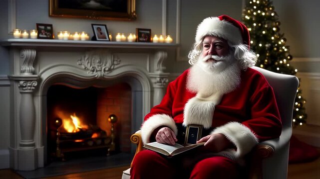 Santa Claus Reading by Fireplace on Christmas Eve.