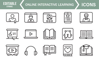 Fototapeta premium Interactive E-Learning Icon Set Featuring Webinars, Video Lessons, Messaging, Books, and Virtual Classroom Elements