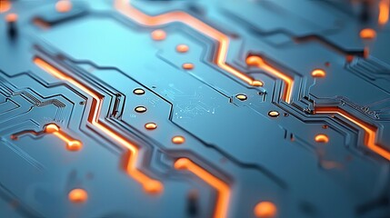 Abstract close-up view of a complex circuit board with illuminated orange pathways and small circular nodes against a dark blue background, suggesting advanced