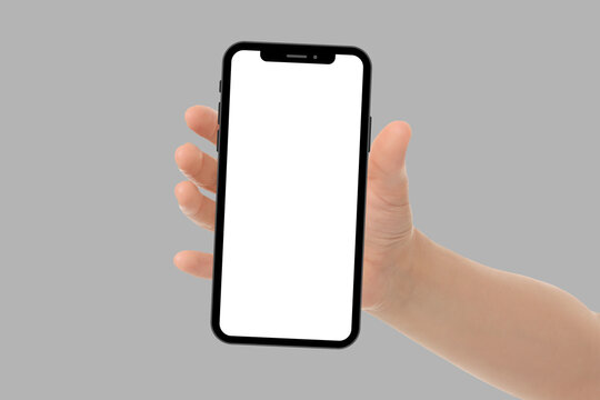 A hand holds a horizontally oriented blank smartphone